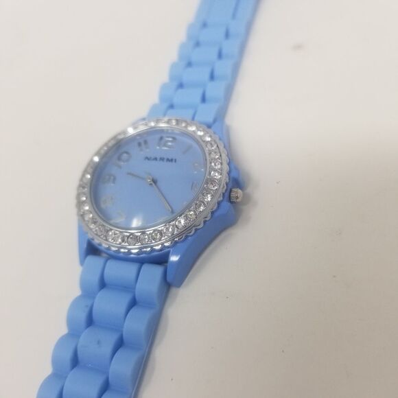 Narmi Blue Rubber Strap & Face Gemmed Bezel Easy To Read Numbers Women's Watch - Picture 12 of 12